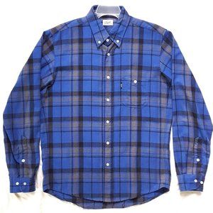 Men's DQM Plaid Flannel Button Up Shirt Blue Gray Size Medium All Cotton